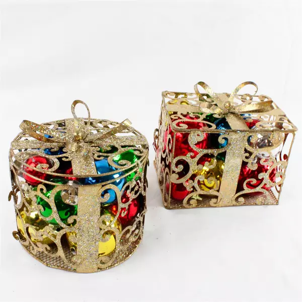 Lot of 2 Christmas Decorative Scroll Work Boxes with Ornamental Bulbs 