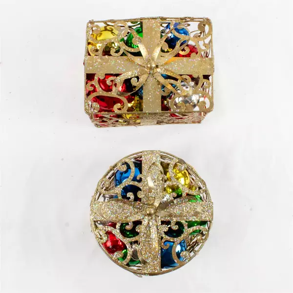 Lot of 2 Christmas Decorative Scroll Work Boxes with Ornamental Bulbs 