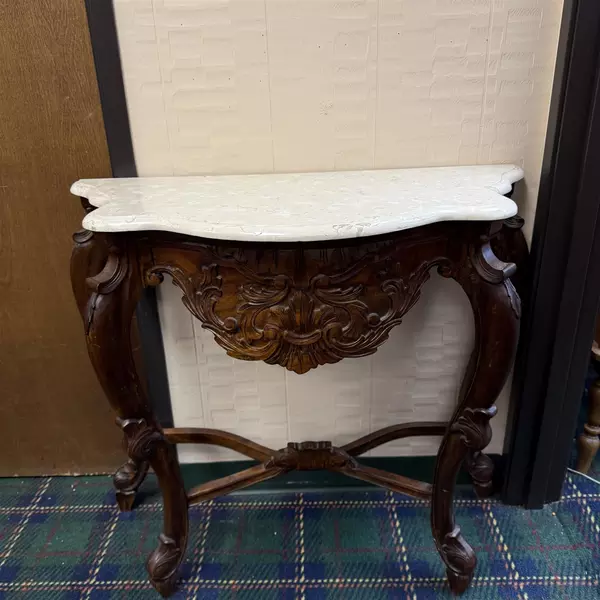 Vintage Two Piece Marble Top Accent Table Wooden Legs 32.5" Height