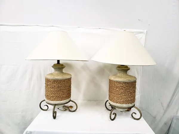 Set of 2 Sisal Rope Pottery Table Lamps Metal Base Stand