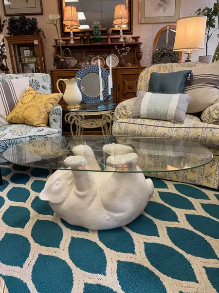 Vintage Polar Bear Oval Glass Top Coffee Table 