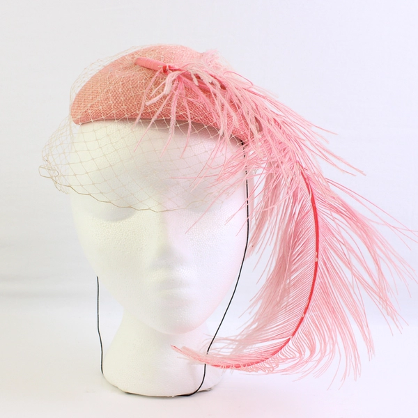 VTG Pink Designer’s Touch Exclusive Pillbox Beige Fascinator’s Feather Straw Hat