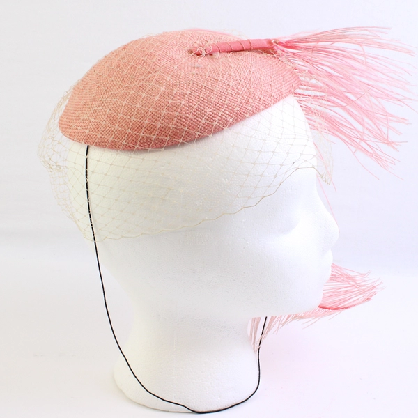VTG Pink Designer’s Touch Exclusive Pillbox Beige Fascinator’s Feather Straw Hat