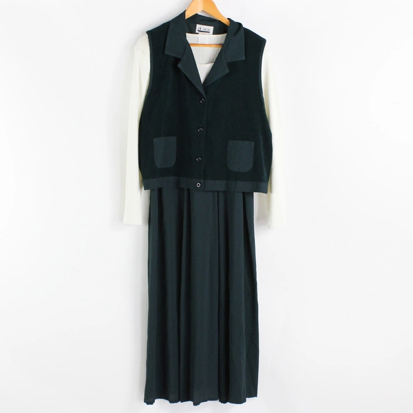 Vintage En Focus Women's 16 Dark Green 2-Piece Dress with Matching Vest