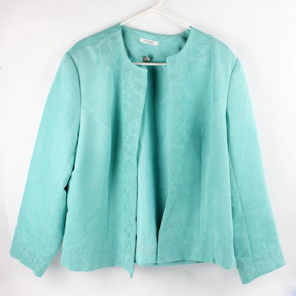 Dressbarn Embroidered Mint Green Open-Front Jacket Women's Size 18/20W