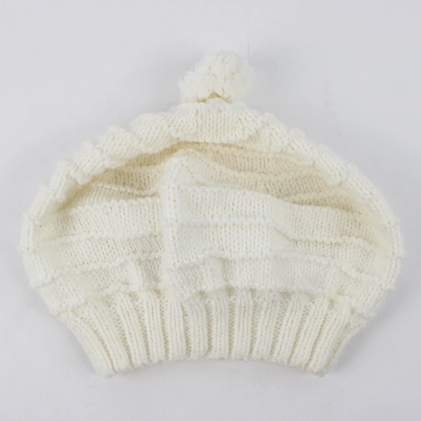 Women's Hand-Knit White Pom-Pom Beret Hat One Size