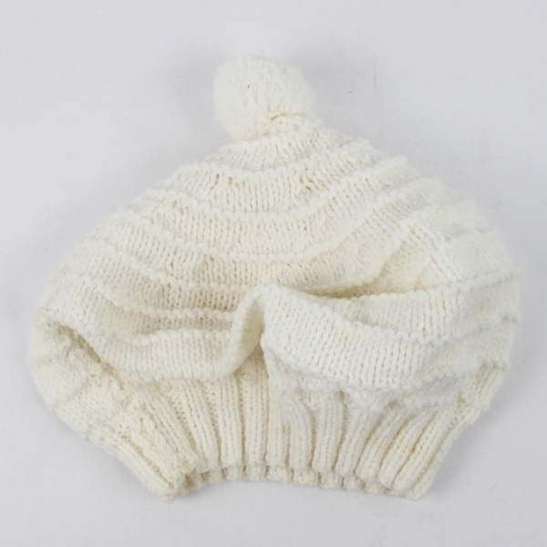 Women's Hand-Knit White Pom-Pom Beret Hat One Size
