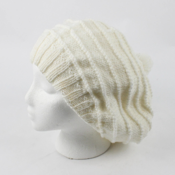 Women's Hand-Knit White Pom-Pom Beret Hat One Size