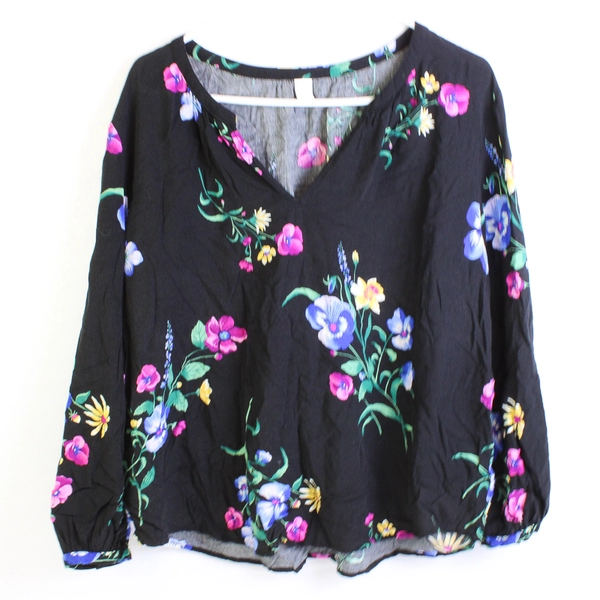 Old Navy Floral On Black Background Long Sleeve Blouse Women's Size XL