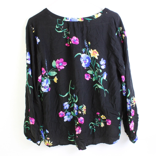 Old Navy Floral On Black Background Long Sleeve Blouse Women's Size XL
