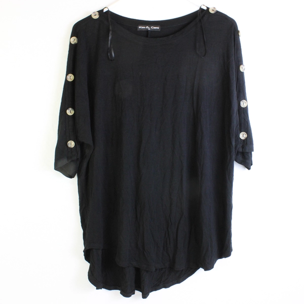 Kim & Cami Solid Black Short Sleeve Blouse W/ Accent Buttons Women's Size 1X