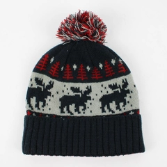 Eddie Bauer Men's Blue Red Gray Knit Moose Design Beanie One Size
