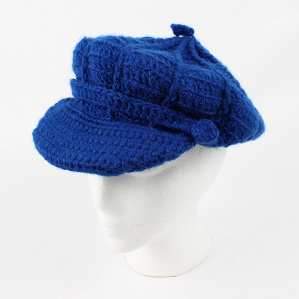 Women's Medium Blue Handmade Crochet Knit Baker Boy Cap