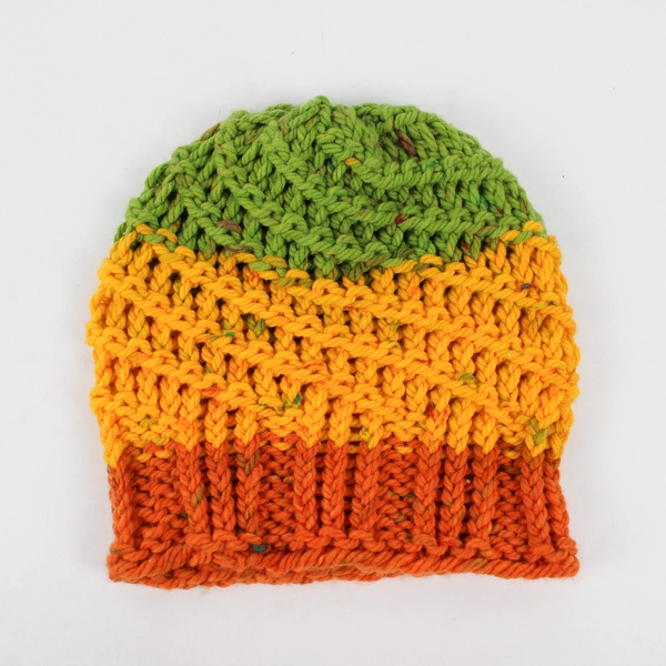 Women's Medium Handmade Green Yellow Orange Knit Beanie