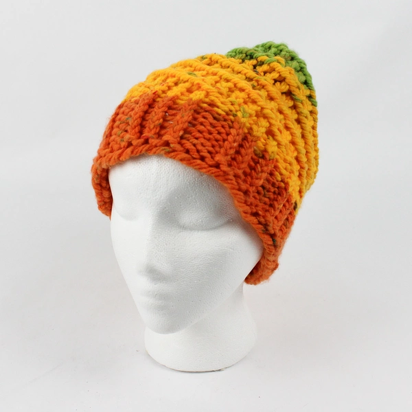 Women's Medium Handmade Green Yellow Orange Knit Beanie