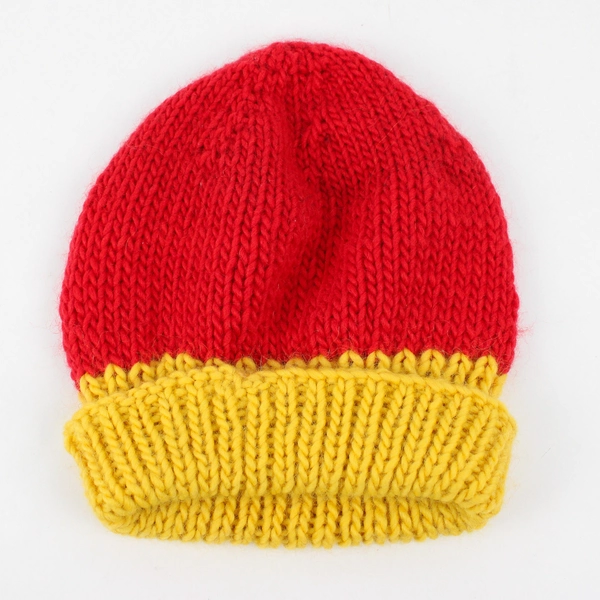 Women's Large Handmade Knit Red and Yellow Beanie