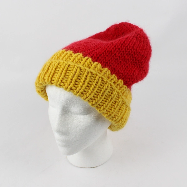 Women's Large Handmade Knit Red and Yellow Beanie