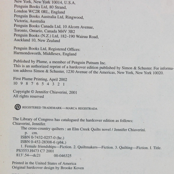 The Cross-Country Quilters by Jennifer Chiaverini 2001 Paperback Novel 