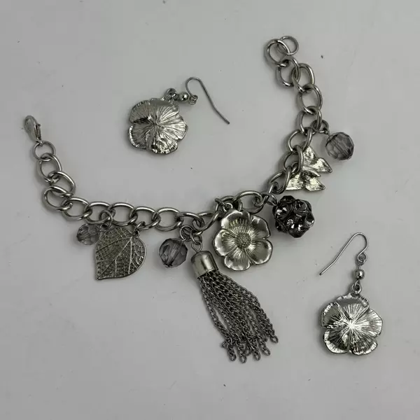 Silver Tone Charm Bracelet With Hearts Flower With Crystals Matching Earrings
