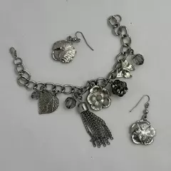 Silver Tone Charm Bracelet With Hearts Flower With Crystals Matching Earrings