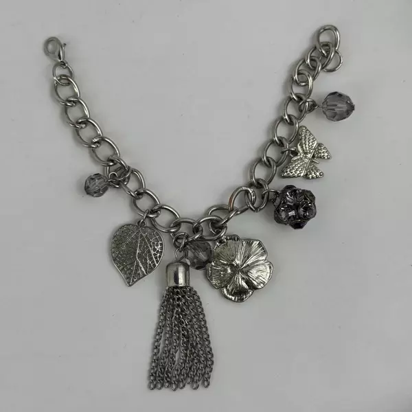 Silver Tone Charm Bracelet With Hearts Flower With Crystals Matching Earrings