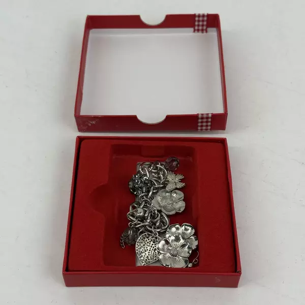 Silver Tone Charm Bracelet With Hearts Flower With Crystals Matching Earrings