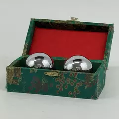 Chinese Stainless Steel Baoding Exercise Metal Balls With Green Silk Covered Box