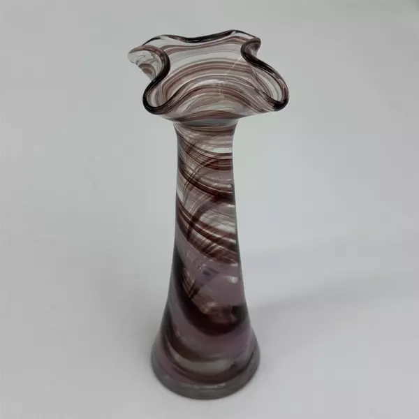 Hand Blown Glass Purple And Pink Spiral Vase With Ruffled Rim 6.75 Inch