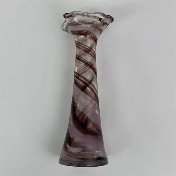 Hand Blown Glass Purple And Pink Spiral Vase With Ruffled Rim 6.75 Inch