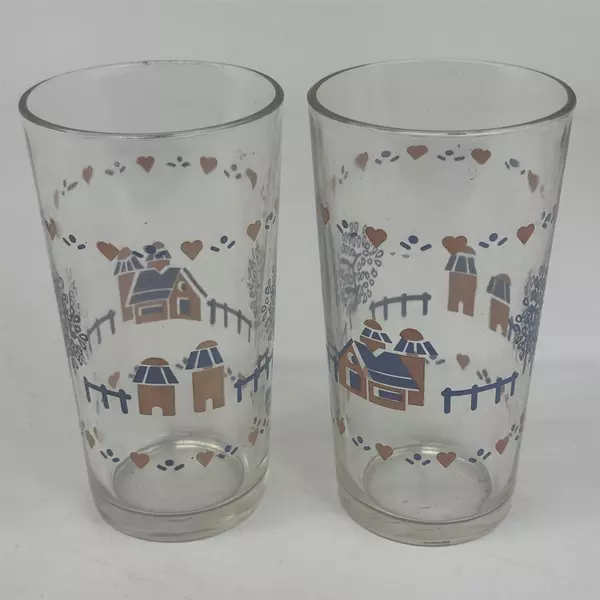 Set of Two 1988 Libbey Home Is Where The Heart Is Tumblers Pink and Blue 5.25"