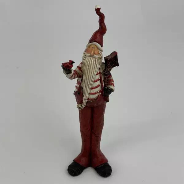 Tall Skinny Santa With No Coat Holding A Cardinal And Clock Figurine 7 inch