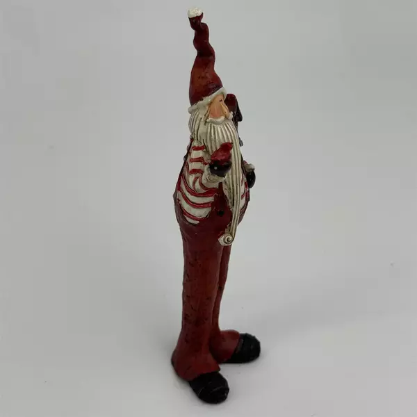 Tall Skinny Santa With No Coat Holding A Cardinal And Clock Figurine 7 inch