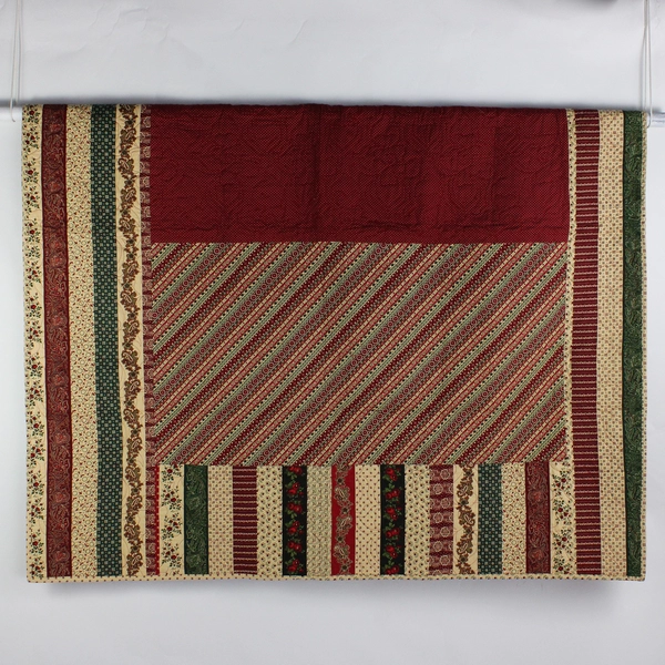 Handmade Red Green and Beige Strip It Christmas Quilt 60" x 68"