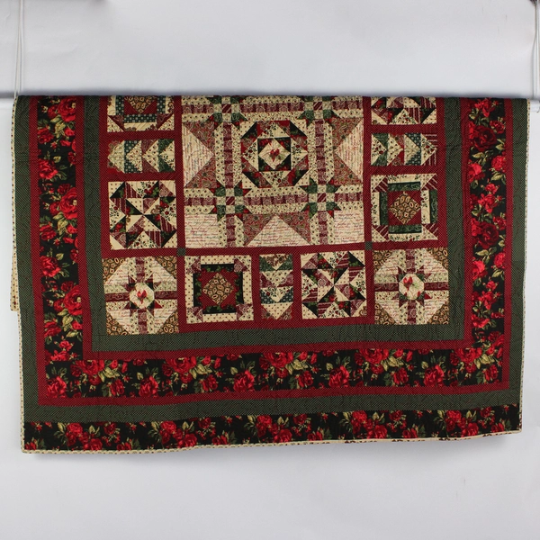 Handmade Red Green and Beige Strip It Christmas Quilt 60" x 68"