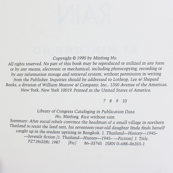 Rice Without Rain by Ninfong Ho 1990 Hardcover Dust Jacket Ex-Library Book