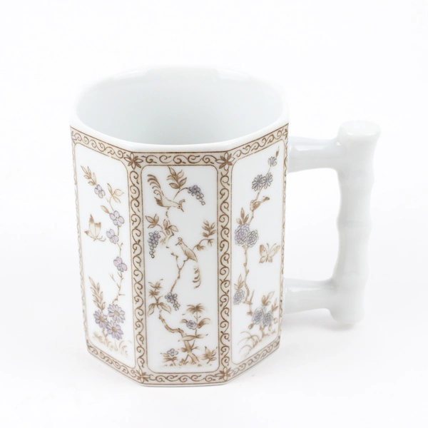 Unbranded Ceramic Mug 3.75" Tall Asian Inspired Birds/Butterflies/Flowers