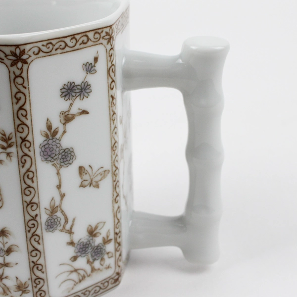 Unbranded Ceramic Mug 3.75" Tall Asian Inspired Birds/Butterflies/Flowers