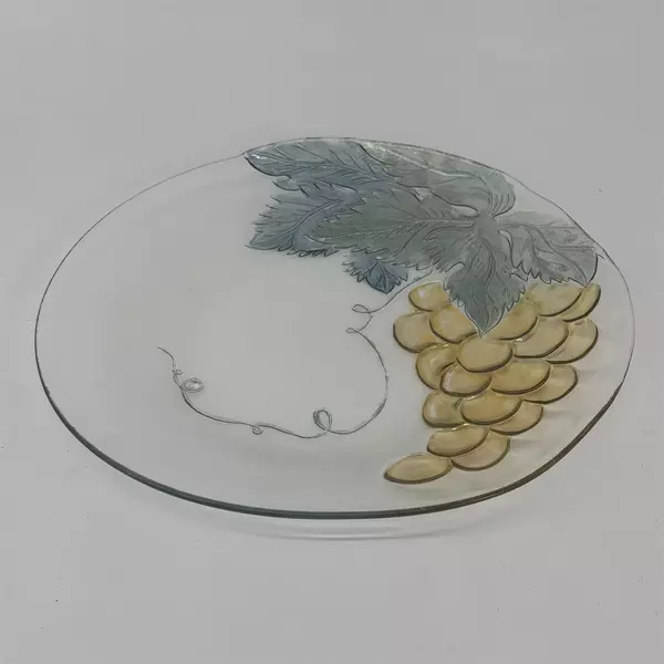 Vintage Clear Glass Platter Embossed With Amber Grape & Leaf Pattern 12.5 Inch