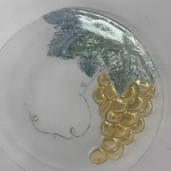 Vintage Clear Glass Platter Embossed With Amber Grape & Leaf Pattern 12.5 Inch