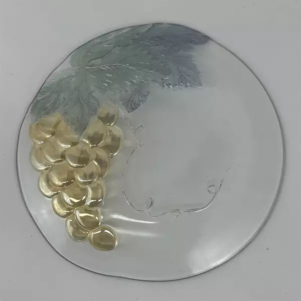 Vintage Clear Glass Platter Embossed With Amber Grape & Leaf Pattern 12.5 Inch