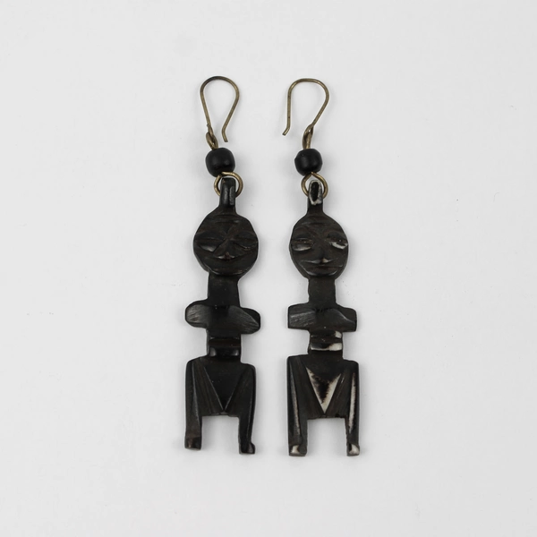 Carved Fertility God Tribal Style Dangle Drop Earrings FLAWED