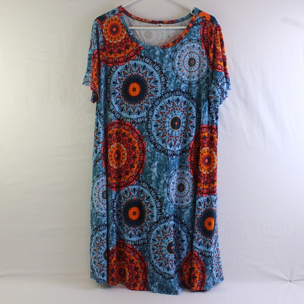 Your Style Blue and Orange Mandala Print Knee-Length T-Shirt Dress Women's 3XL