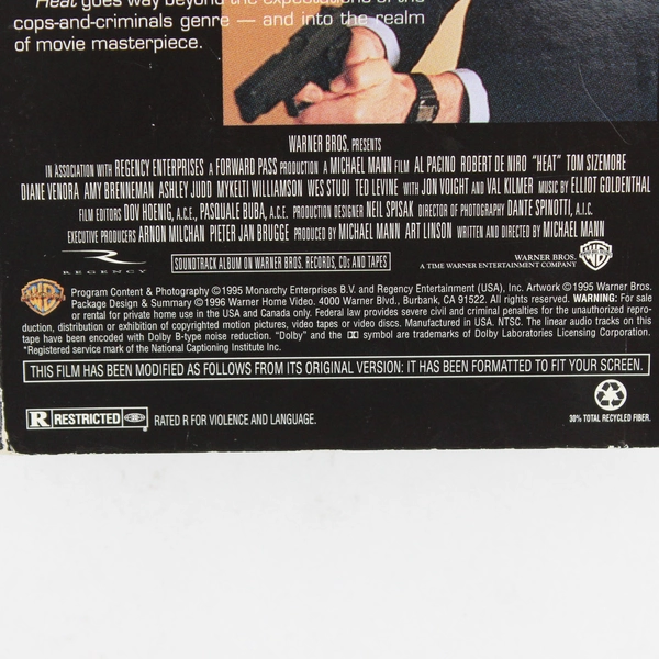 Heat VHS Tape Robert De Niro Al Pacino Tom Sizemore Jon Voight 1996