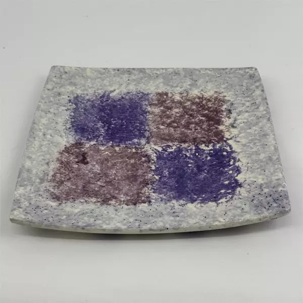 Square Mottled Lavender And White Art Pottery Plate W/ Squares Pattern