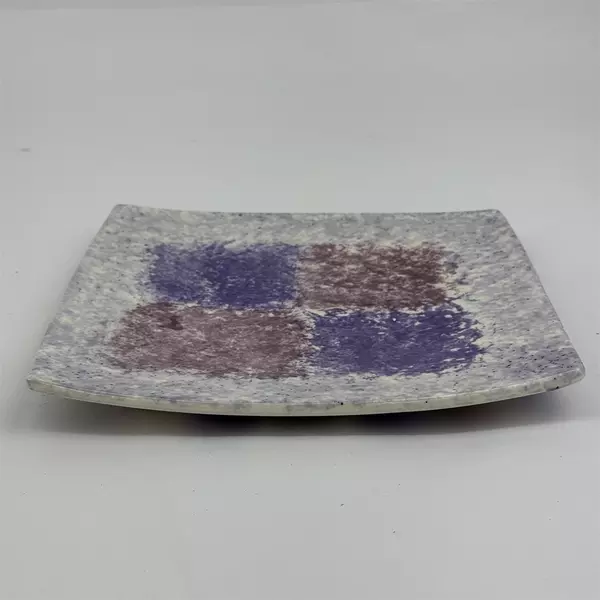 Square Mottled Lavender And White Art Pottery Plate W/ Squares Pattern
