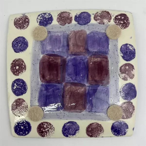 Square Mottled Lavender And White Art Pottery Plate W/ Squares Pattern
