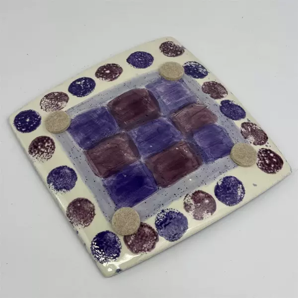 Square Mottled Lavender And White Art Pottery Plate W/ Squares Pattern