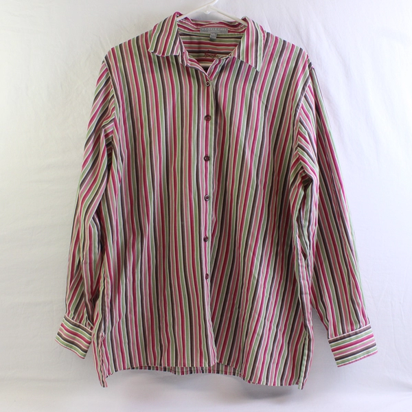 Foxcroft Green Pink Brown Striped Wrinkle Free Classic Fit Button-Up Women's 14W