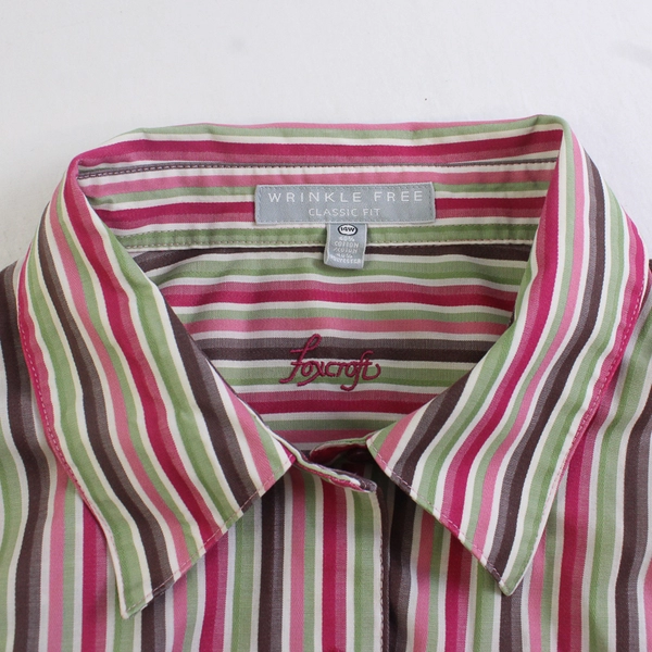 Foxcroft Green Pink Brown Striped Wrinkle Free Classic Fit Button-Up Women's 14W
