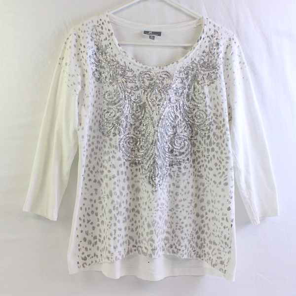 JM Collection Gray Spotted 3/4-Sleeve Sequin White T-Shirt Women's PL